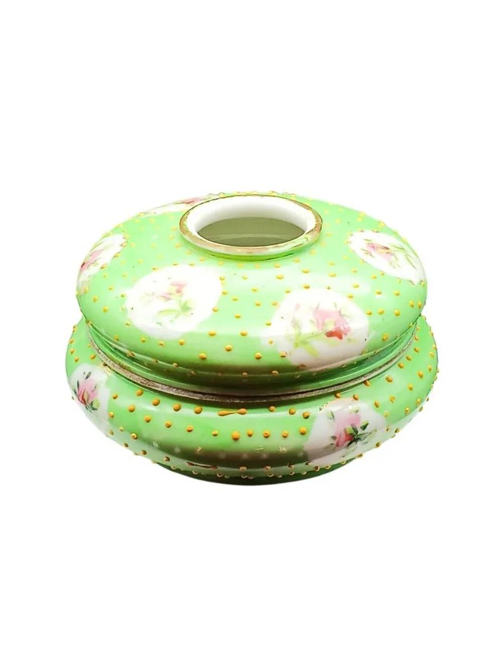 Antique Floral Porcelain Hair Receiver, Gilded Hand Painted Flowers and Moriage